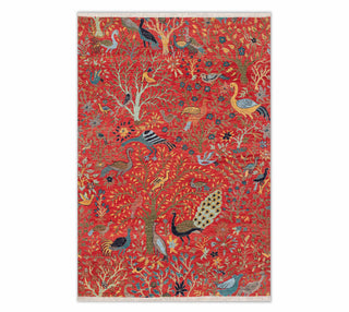 Red Colorful Peacock Beautiful Garden Scene Fine Quality Handmade Wool Rug
