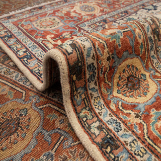 Traditional oriental hand-knotted wool rug, ivory background, rust floral border, room-size 8x10