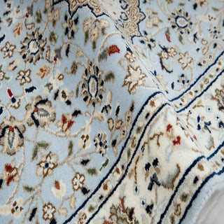 Authentic Persian nain medallion blue wool and silk hand knotted runner rug
