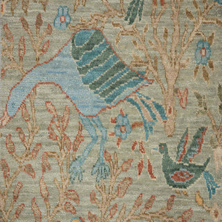 2'6x10 Gray Hand Knotted Birds Motifs Wool Runner Rug