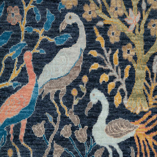 2'6x15 Navy Birds Garden Fine Hand Knotted Runner Rug