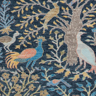 2'6x15 Navy Birds Garden Fine Hand Knotted Runner Rug