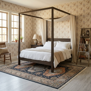 Caucasian-style hand-knotted rug with geometric medallion motif in charcoal, peach, ivory, and light blue