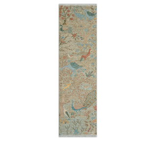 2'6x10 Gray Hand Knotted Birds Motifs Wool Runner Rug