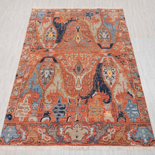 6x9 Terracotta hand-knotted rug in red teal navy with tree of life design.