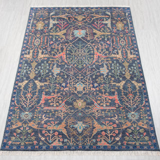 6x9 ft Indo-Persian hand-knotted rug in navy coral green with Tree of Life design.