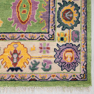 Modern hand-knotted rug with abstract Oushak pattern in bright green, lilac, and gold, 8x10.