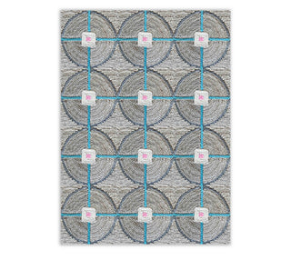 8x10 Circle hand-knotted rug in gray turquoise with ring porthole design. Premium abaca natural fiber area rugs