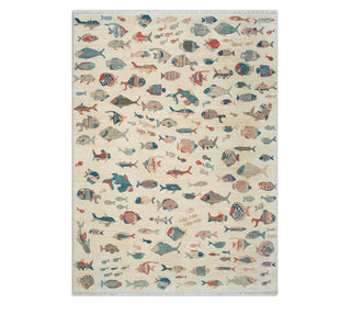 8x10 Fine Hand Knotted Ivory Fish Motifs Wool Rug For Nursery