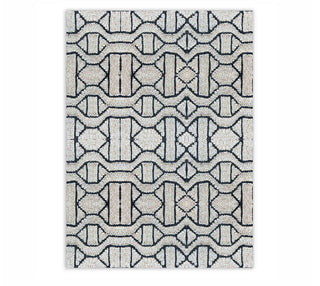8x10 Geometric hand-knotted rug in navy blue & cream beige with trellis lattice design. Sustainable abaca rugs living room