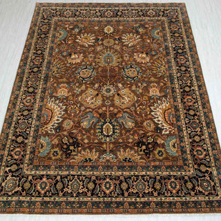 Hand-knotted wool rug in rich brown, rust, and blue with intricate allover floral design, 8x10.