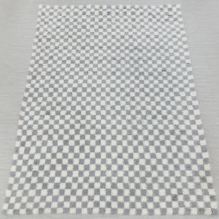 Modern checkered style hand-knotted rug with tiny square motif in grey and ivory tones