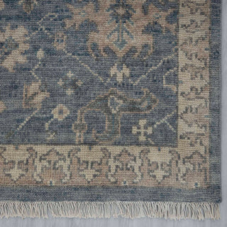 8x10 Modern hand-knotted rug with abstract faded floral pattern in blue-grey, ivory, taupe hues.