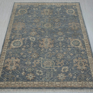 8x10 Oushak-style hand-knotted rug in blue-grey and taupe with distressed floral lattice design
