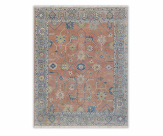 8x10 Peach Blue Grey Modern Colorful Soft Wool Hand Knotted Quality Oushak Rug