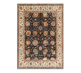8x10 Persian Tabriz Navy Blue Cream Antique Reproduction High Quality Hand Knotted Soft Wool Rug