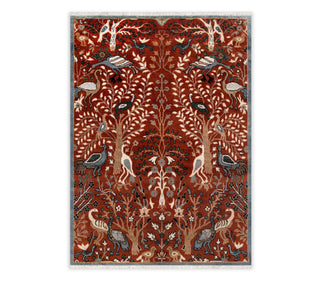  8x10 Red Wool Birds & Trees Hand Knotted Garden View Rug