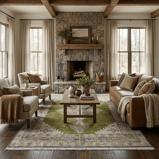 Tribal-style hand-knotted rug with geometric diamond motifs in olive green, beige, gray and soft blue.