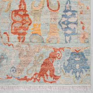 8x10 ft Modern hand-knotted rug with abstract floral pattern in celadon coral teal ivory.