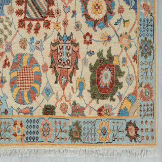 8x10 ft Modern hand-knotted rug with abstract geometric pattern in ivory teal coral green.