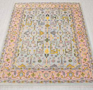 Oushak hand-knotted rug in pastel pink, mint, grey with geometric floral design, 8x10 ft