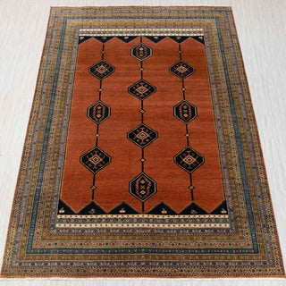 8x10 ivory wool hand-knotted Persian rug with geometric medallion pattern and tribal border