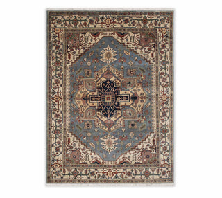 9x12 Area Rug Classic Persian Heriz Serapi Blue Cream Handmade Wool Rug