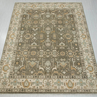 9x12 Hand-knotted rug in taupe, brown, and gray with bordered floral Peshawar Oushak design
