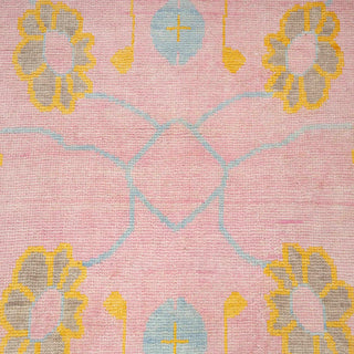 9x12 Hand-knotted wool rug featuring pastel Turkish Oushak pattern in blush pink, aqua blue, gold