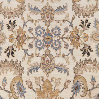 9x12 Hand-knotted wool rug featuring sparse floral pattern in ivory gold blue, low-pile durable.
