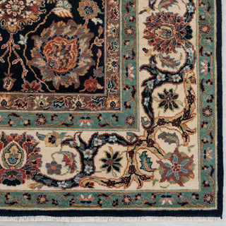 Modern classic hand-knotted wool rug with curvilinear floral pattern in navy and soft green, 9x12