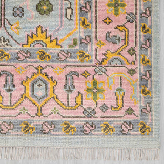 9x12 Modern hand-knotted rug with abstract Oushak-inspired pattern in pastel mint, pink, mustard, and olive.