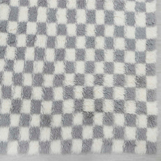 Modern hand-knotted rug with abstract micro-checker pattern in grey and off-white, fluffy texture