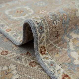 9x12 Oushak-style hand-knotted rug with palmette floral motif in denim beige rust.