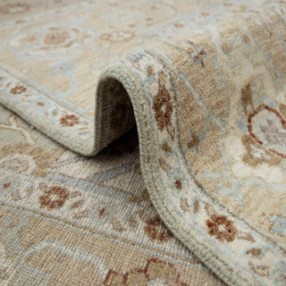 9x12 Oushak-style hand-knotted rug with palmette medallion motif in sage beige rust.
