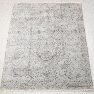9x12 Oushak hand-knotted rug in soft grey with medallion floral design.