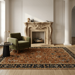 Persian-style hand-knotted Sultanabad rug with botanical motifs in rust, navy, and sage, large 9x12 area size