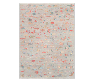 9x12 Soft Gray Hand Knotted Fish Motifs 100% Wool Rug For Nursery