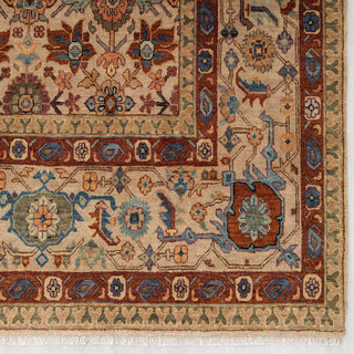 Modern hand-knotted rug with intricate beige background and multicolor floral medallions, durable wool 9x12 carpet