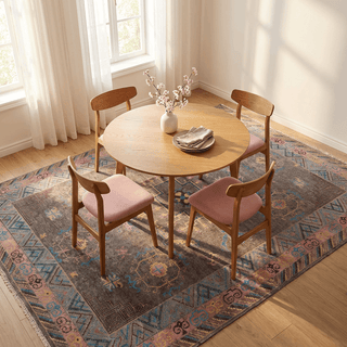 Hand-knotted wool rug featuring geometric Oushak medallion and tribal motifs in chocolate, teal, fuchsia, 9x12.