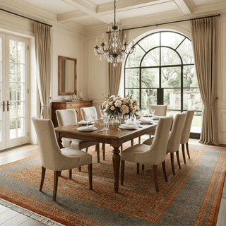 Traditional hand-knotted rug in rust, blue, and sage with geometric medallion design, 9x12 ft