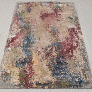 Abstract hand-knotted rug in beige, burgundy, blue multicolor modern splash design, 8x10.