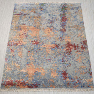Abstract hand-knotted rug in blue rust gray with splatter design. 8x10 ft textured area rug.