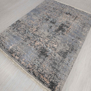 Abstract hand-knotted rug in grey black rust blue with distressed patchwork design. 9x12 ft area rug