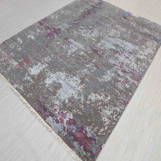 Abstract hand-knotted rug in grey magenta pink with splattered distressed design. 9x12 ft area rug