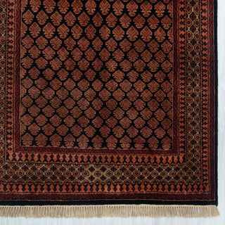 Afghan/Pakistani Gabbeh hand-knotted rug with tribal boteh motifs in black, terracotta and gold