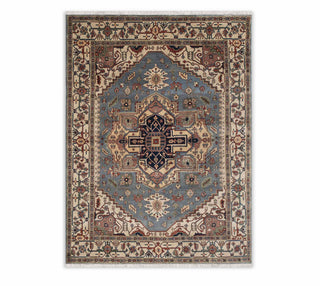 9x12 Area Rug Classic Persian Heriz Serapi Blue Cream Handmade Wool Rug