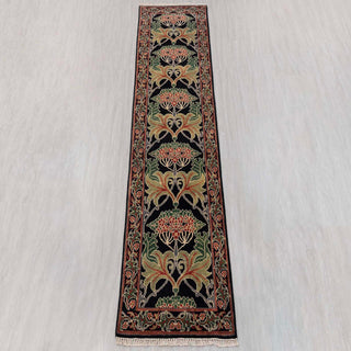 Arts and Crafts hand-knotted runner in black, green, rust with stylized floral panel design, 2.6x10