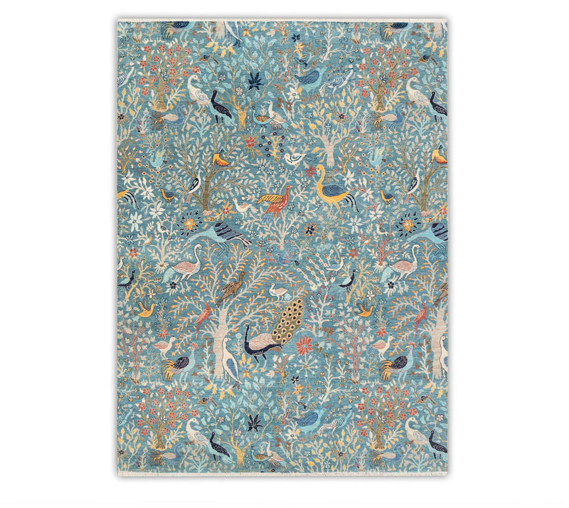 Custom size hand knotted blue birds and garden high kpsi wool rug, birds of paradise rugs
