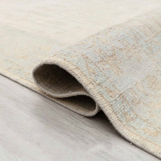 Beige blue tree-of-life wool rug, low pile 8x10 carpet ideal for coastal, minimalist living rooms and bedrooms